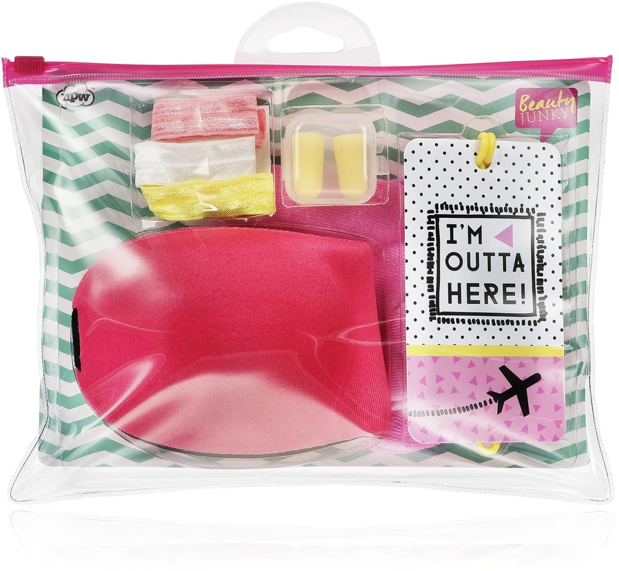 Inflight Essential Kit rinkinys Beauty Junky: Beauty Junky plaukų gumytė, 3 vnt. + Beauty Junky putų ausų kištukai + Beauty Junky lagaminas