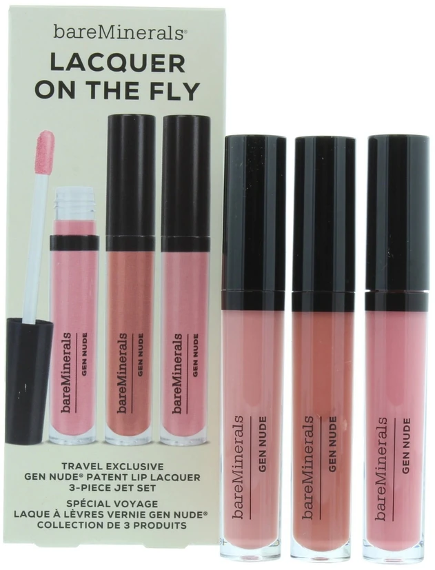 „Bare Minerals“ lako rinkinys akimirksniu: skysti lūpų dažai „Gen Nude Cant Even“ 3,7 ml + skysti lūpų dažai „Gen Nude Dahling“ 3,7 ml + skysti lūpų dažai „Gen Nude Major“ 3,7 ml
