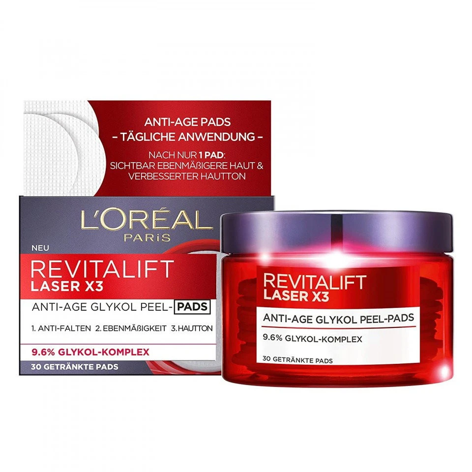 L'Oreal Paris, Revitalift lazerinis X3, glikolio rūgštis, senėjimą stabdantys, nulupami diskeliai, 30 vnt.