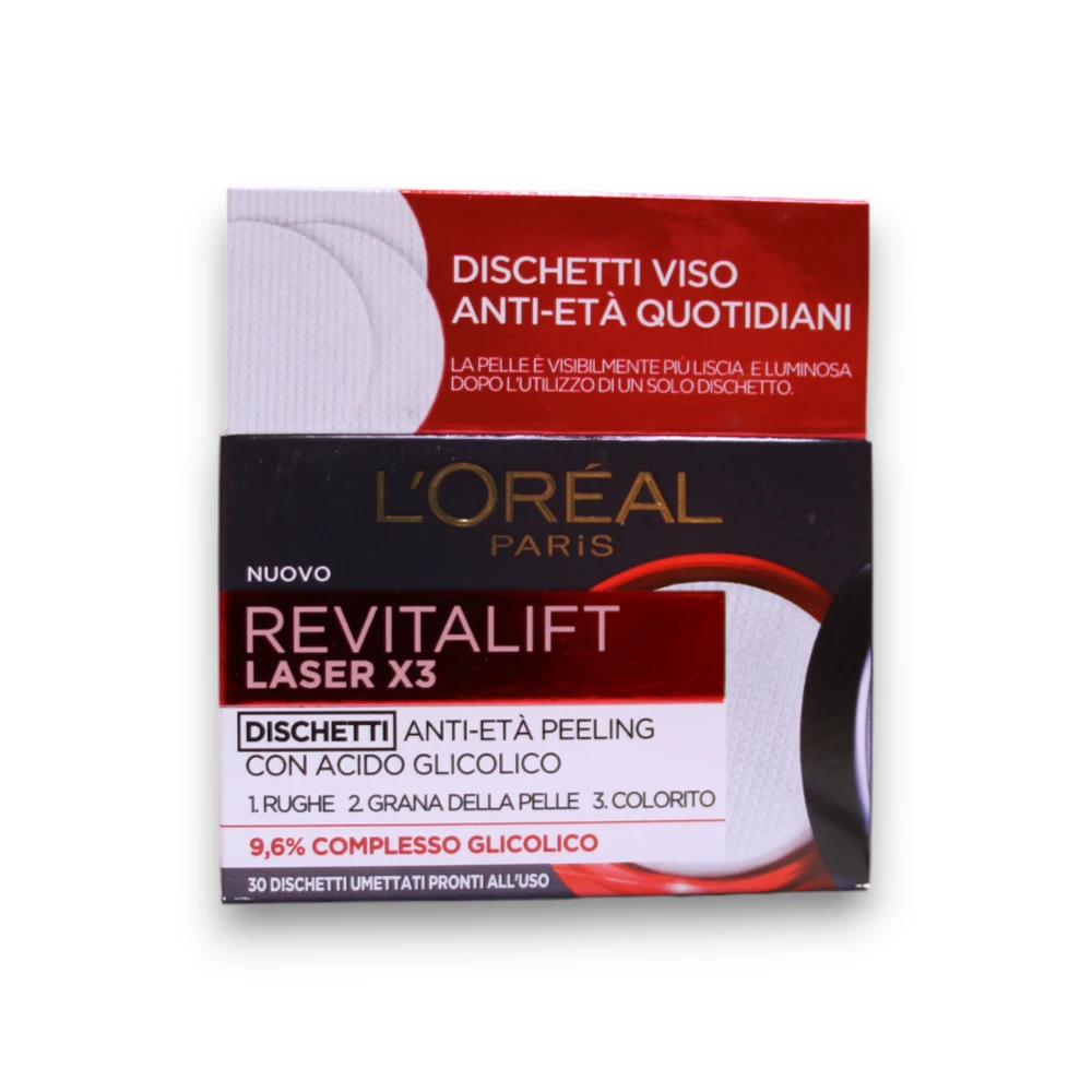 L'Oreal Paris, Revitalift lazerinis X3, glikolio rūgštis, senėjimą stabdantys, nulupami diskeliai, 30 vnt.