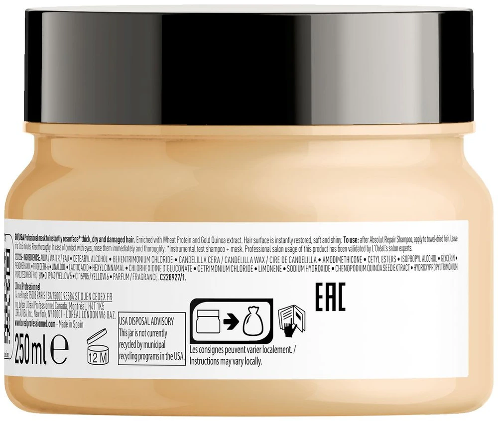 L'Oreal Professionnel Serie Expert Absolut Repair Protein + Gold Quinoa plaukų kaukė, akimirksniu atnaujinanti paviršių, 250 ml