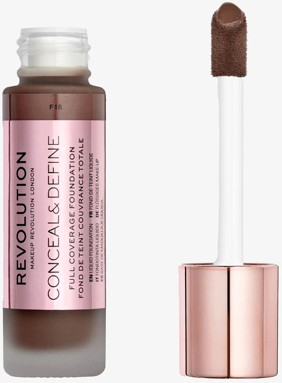 „Makeup Revolution Conceal & Define“ makiažo pagrindas be aliejaus „Kreminis“ F 18, 23 ml
