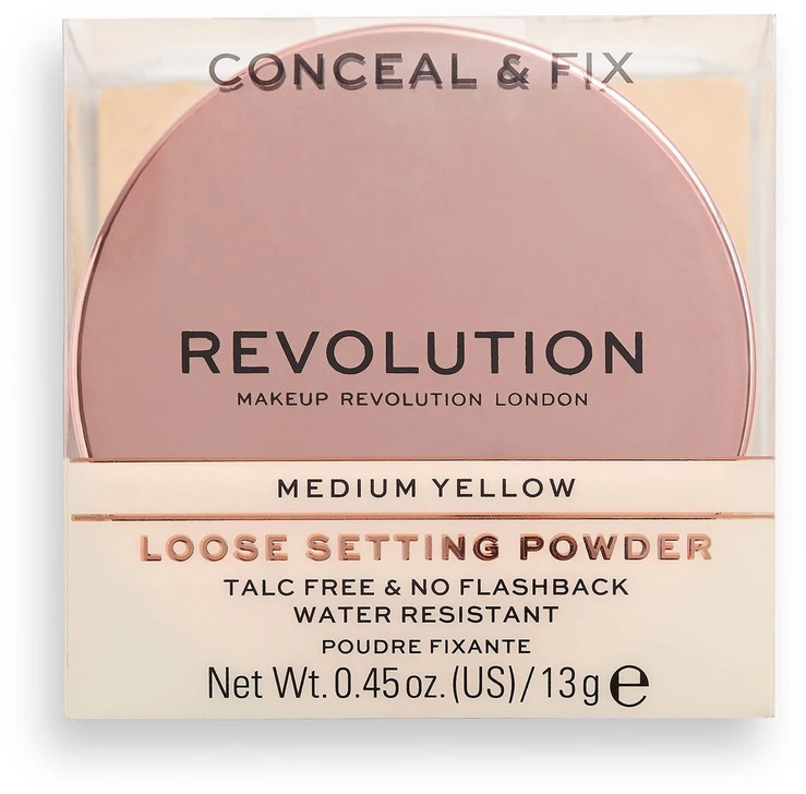 „Makeup Revolution Conceal & Fix“ veganiška birių, fiksuojančių pudrų rinkinys, vidutinio dydžio, geltona, 13 g