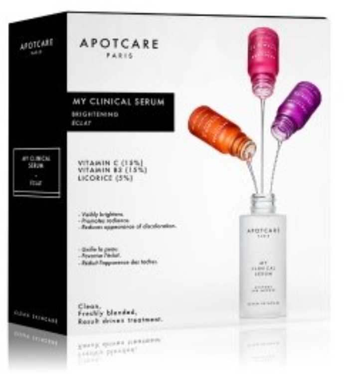 My Clinical Serum rinkinys Apotcare: Vitaminas C – šviesinantis serumas veidui, 10 ml + Vitaminas B3 – serumas veidui nuo paraudimo, 10 ml + Saldymedžio bekvapis serumas veidui nuo dėmių dienai ir nakčiai, 10 ml