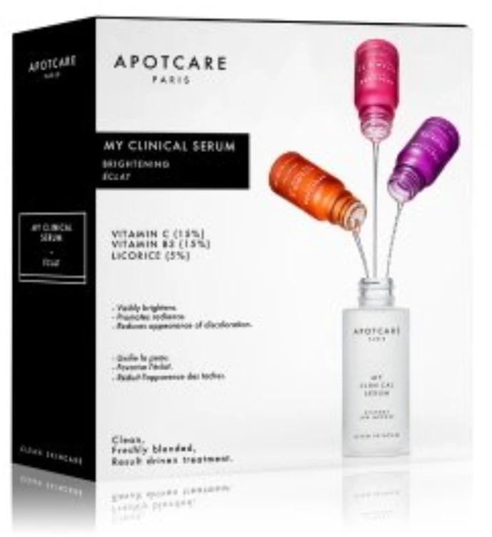 My Clinical Serum rinkinys Apotcare: Vitaminas C – šviesinantis serumas veidui, 10 ml + Vitaminas B3 – serumas veidui nuo paraudimo, 10 ml + Saldymedžio bekvapis serumas veidui nuo dėmių dienai ir nakčiai, 10 ml