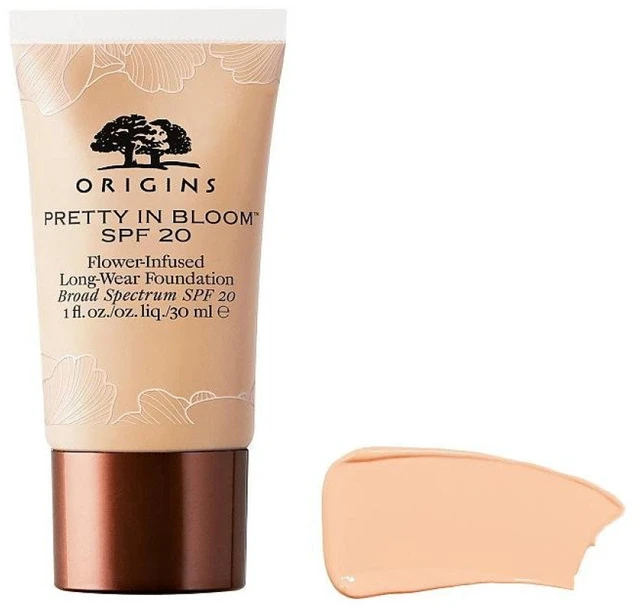 „Origins Pretty In Bloom“ ilgai išliekantis makiažo pagrindas „Kreminis“ 540 Medium Deep Golden Warm SPF 20, 30 ml
