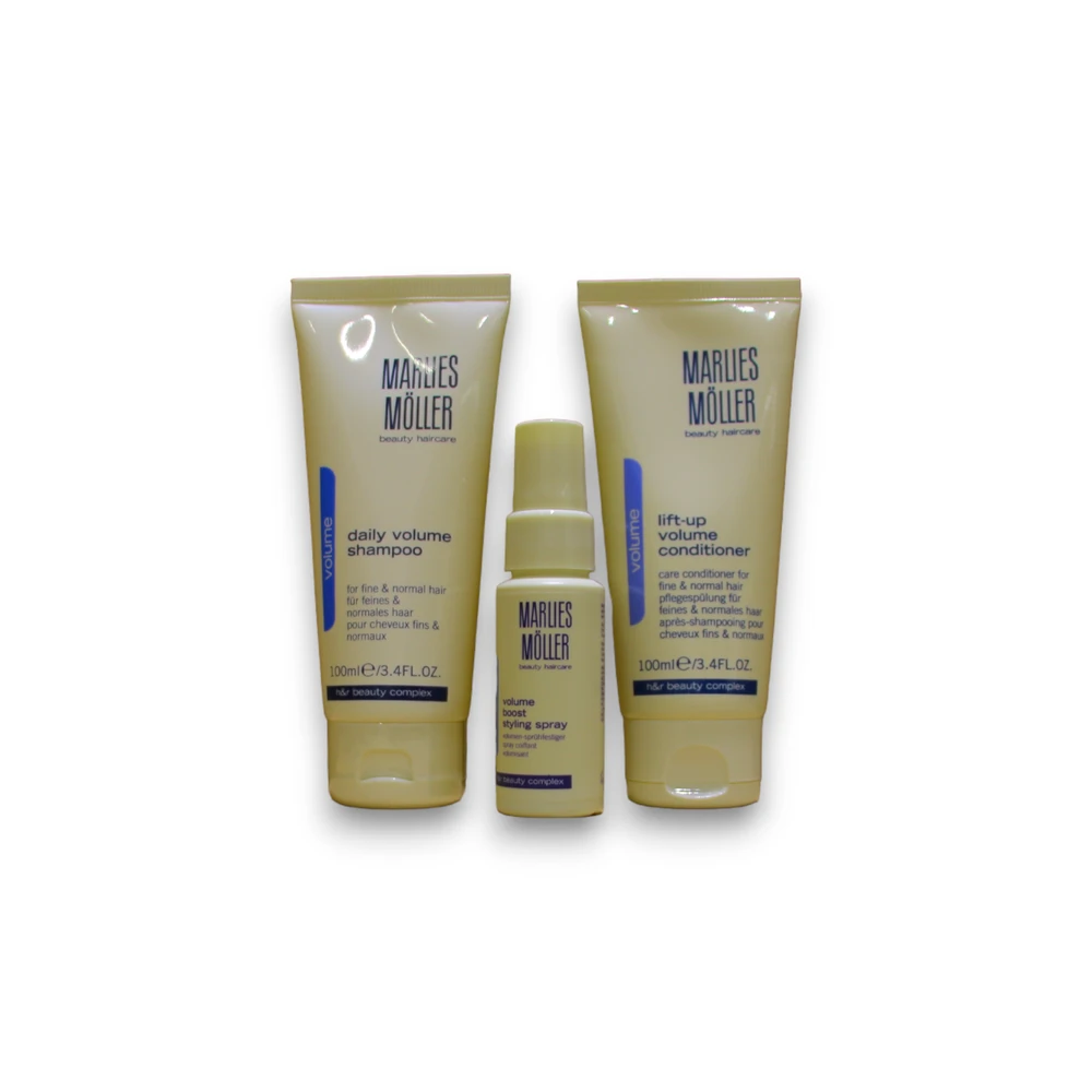„Tobulos apimties“ rinkinys Marlies Moller: kasdienis plaukų apimties didinimo šampūnas, 100 ml + pakeliamasis plaukų kondicionierius apimčiai, 100 ml + apimties didinimo plaukų lakas formavimui, 30 ml