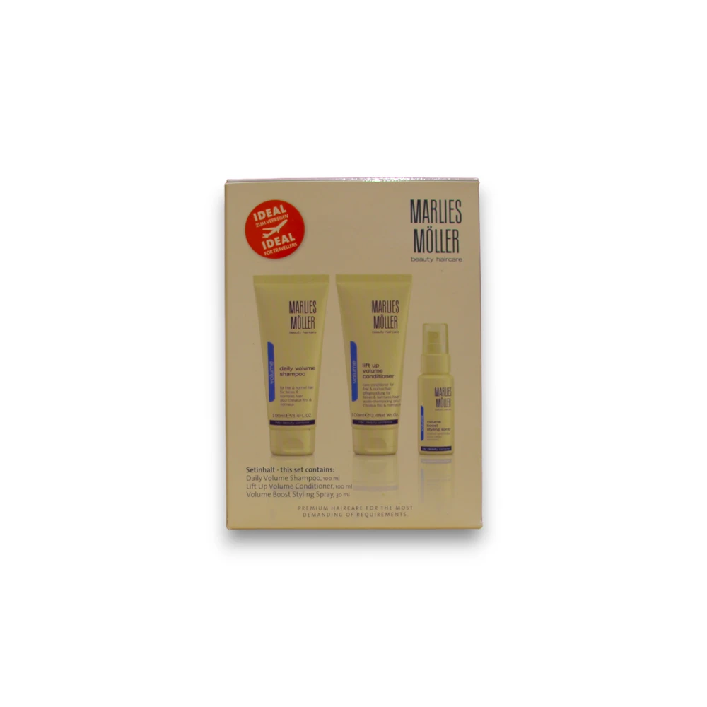 „Tobulos apimties“ rinkinys Marlies Moller: kasdienis plaukų apimties didinimo šampūnas, 100 ml + pakeliamasis plaukų kondicionierius apimčiai, 100 ml + apimties didinimo plaukų lakas formavimui, 30 ml