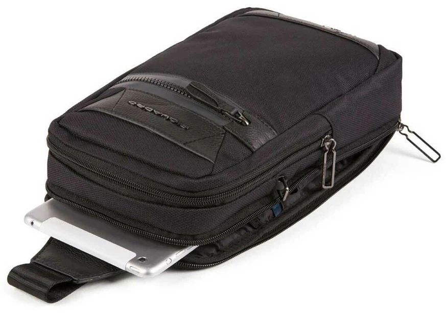 Piquadro, Trakai, Leather - Fabric, Mono Sling, Textile Crossbody Bag, Juodas, 42021990, 31 x 18 x 7 cm, For Men