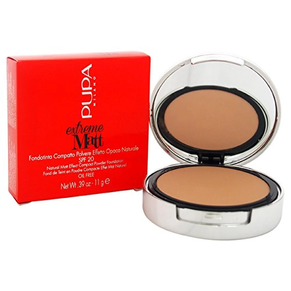 „Pupa Extreme Matt“ makiažo pagrindas be aliejų, nepermatomas, kompaktiškas, 080 Amber SPF 20, 11 g
