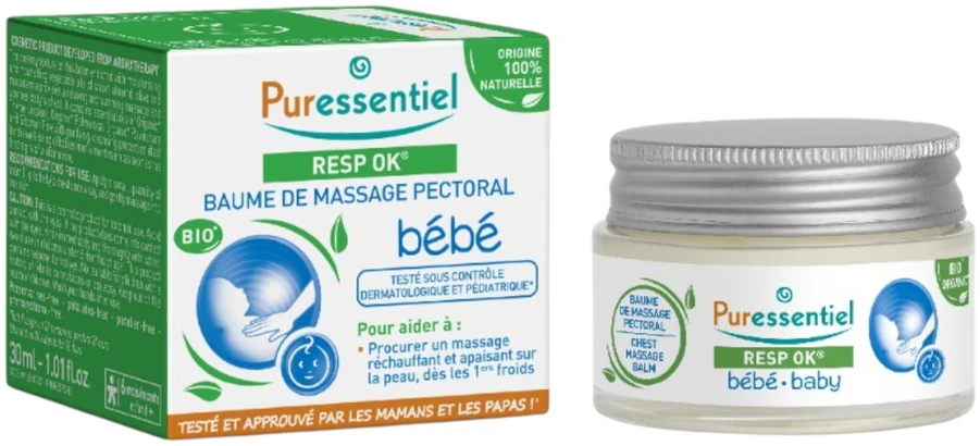 „Puressentiel Vaikiškas“ – „Resp OK“ natūralių ingredientų kūno balzamas krūtinės sričiai, 30 ml