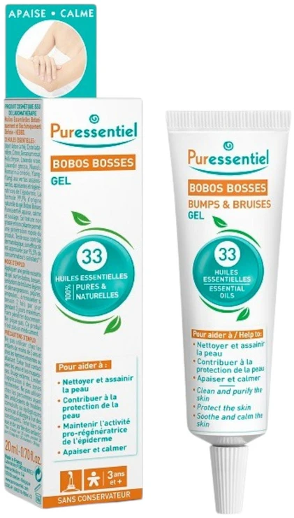 „Puressentiel Bobos Bosses“ raminamasis ir atpalaiduojantis vietinio poveikio gelis nuo įbrėžimų ir mėlynių visame kūne, 20 ml