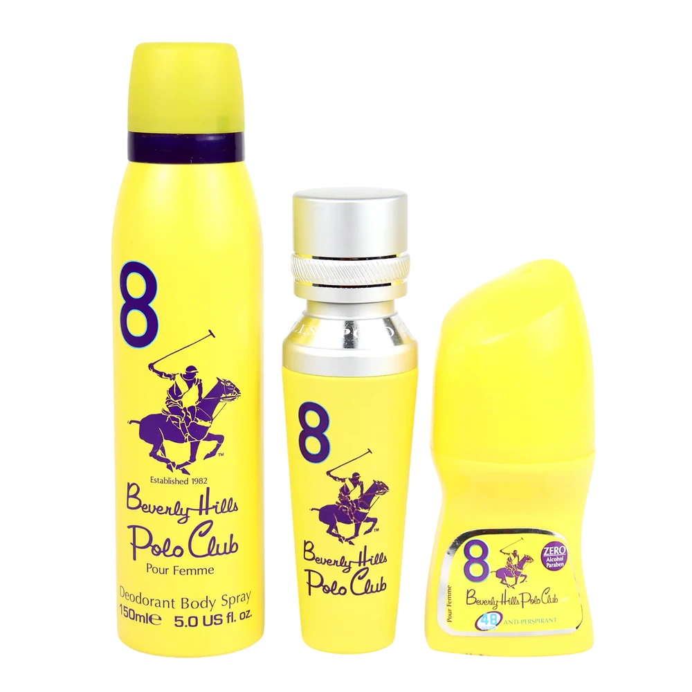 Rinkinys „Beverly Hills Polo Club“: 1982 m. – „Sport 8“ kvepalai moterims, 50 ml + 1982 m. – „Sport 8 Freshness“ kūno purškiklis, 150 ml + „No. 8“ antiperspirantas-dezodorantas rutulinis dezodorantas moterims, 50 ml