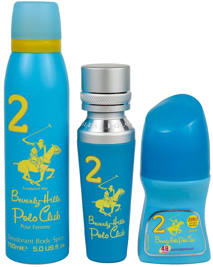 Rinkinys „Beverly Hills Polo Club“: „No. 2 Eau De Parfum“ moterims, 50 ml + „No. 2“ rutulinis antiperspirantas dezodorantas moterims, 50 ml + „1982 - Sport 2 Freshness Body Purškiklis“, 150 ml
