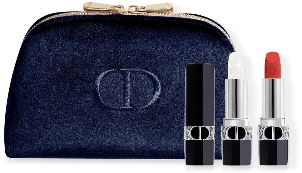 Set Christian Dior: Couture Colour Velvet Kreminis Lipstick 720 Icone Papildomas 3.5 ml + Couture Colour Lūpų balzamas 000 Diornatural Refill 3.5 g + Textile Makeup Bag Mėlyna