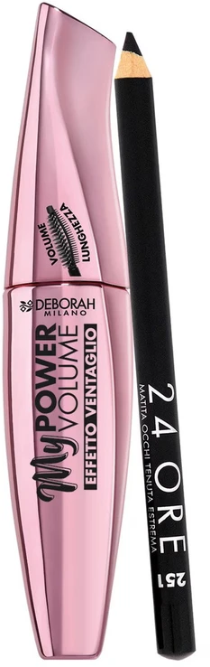 Set Deborah: 24H Extra Gel Pieštukas Akių apvadas Juodas 1.5 g + My Power Atsparus vandeniui Volumizing Blakstienų tušas Juodas, 14 ml