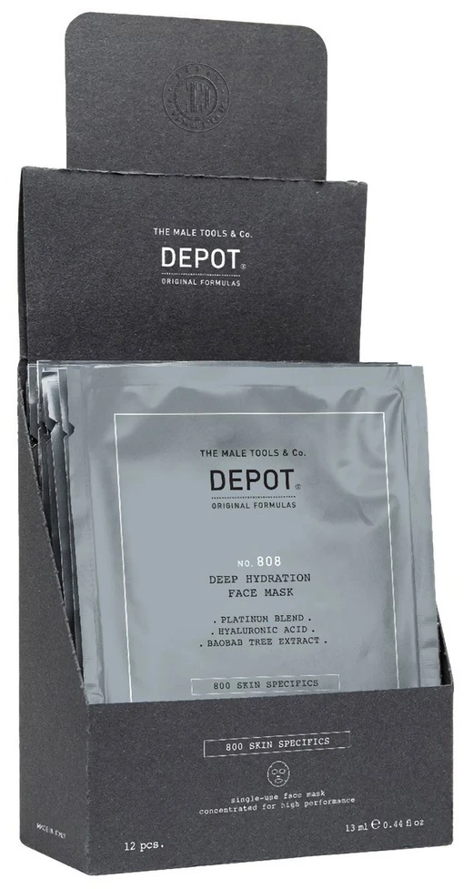 „Set Depot 800 Skin Specifications No. 808“ hialurono rūgšties giliai drėkinanti / raminanti ir atgaivinanti veido kaukė dienai, 12 vnt., 13 ml