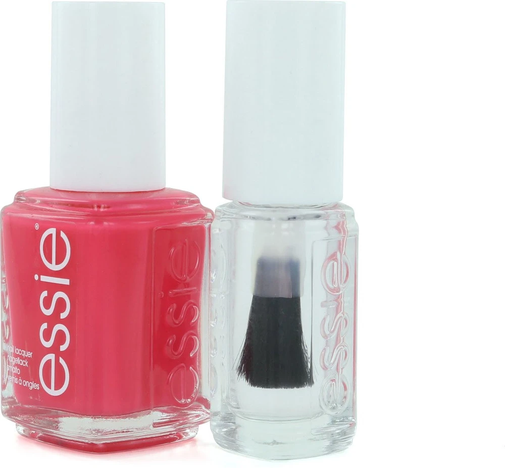 Rinkinys „Essie“: nagų lakas „Vegan Glossy Shine Finish“ 72 Peach Daiquiri 13,5 ml + nagų priežiūra - „Good To Go Top Coat“ nagų stiprinimo lakas, 5 ml