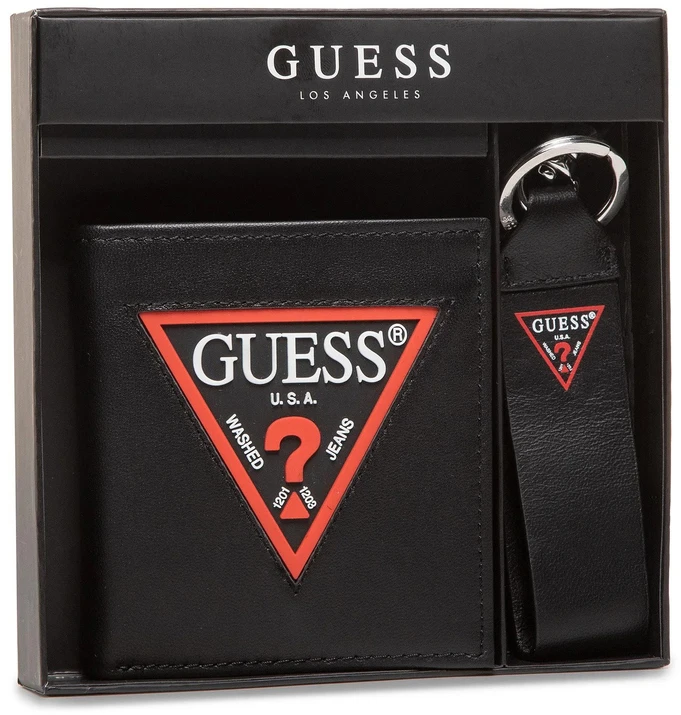 Set Guess: Guess, Leather Keyring, Juodas + Daelon, Leather Wallet, Small Billfold, Raudona/Juodas, For Men