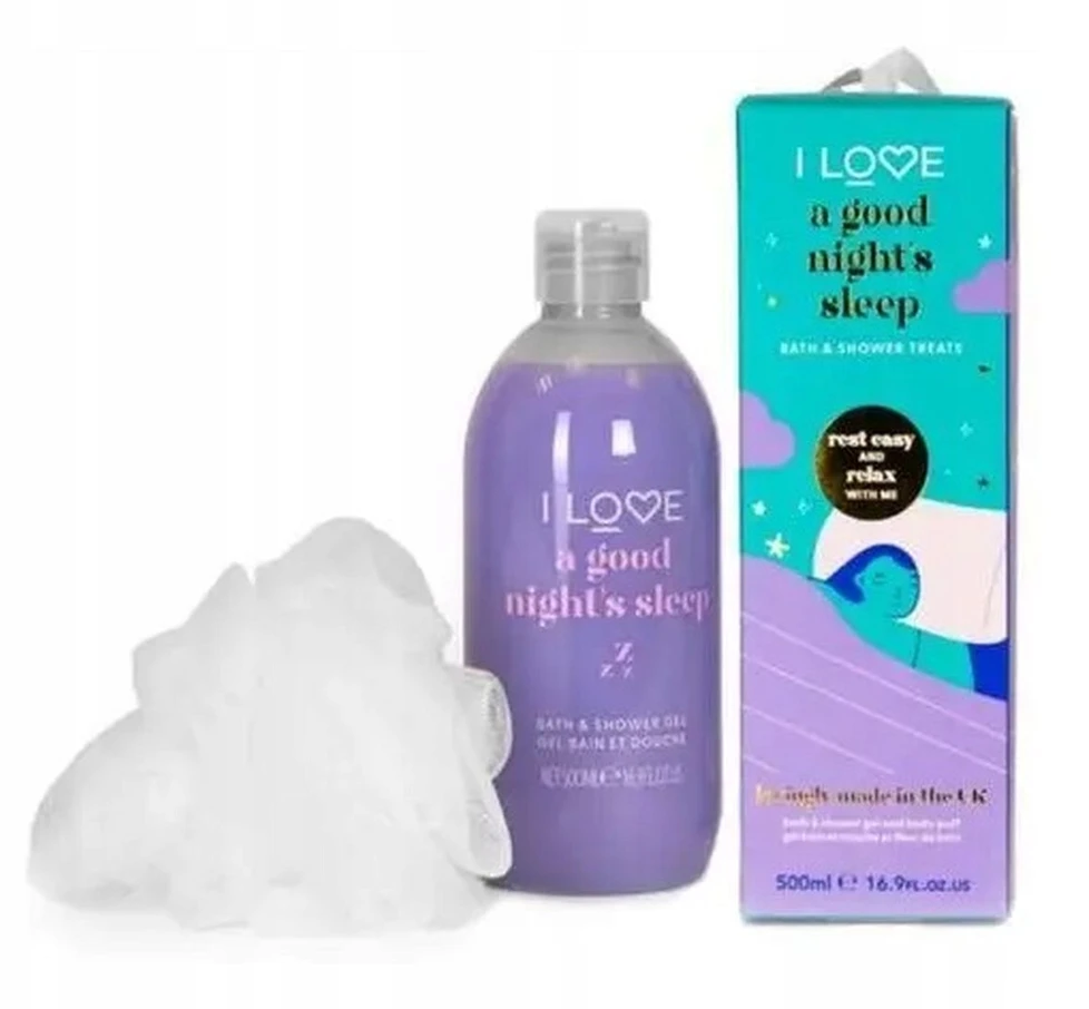 Rinkinys „I Love“: drėkinamasis dušo želė „A Good Night's Sleep“ visiems odos tipams, 500 ml + „I Love“ kūno kempinėlė