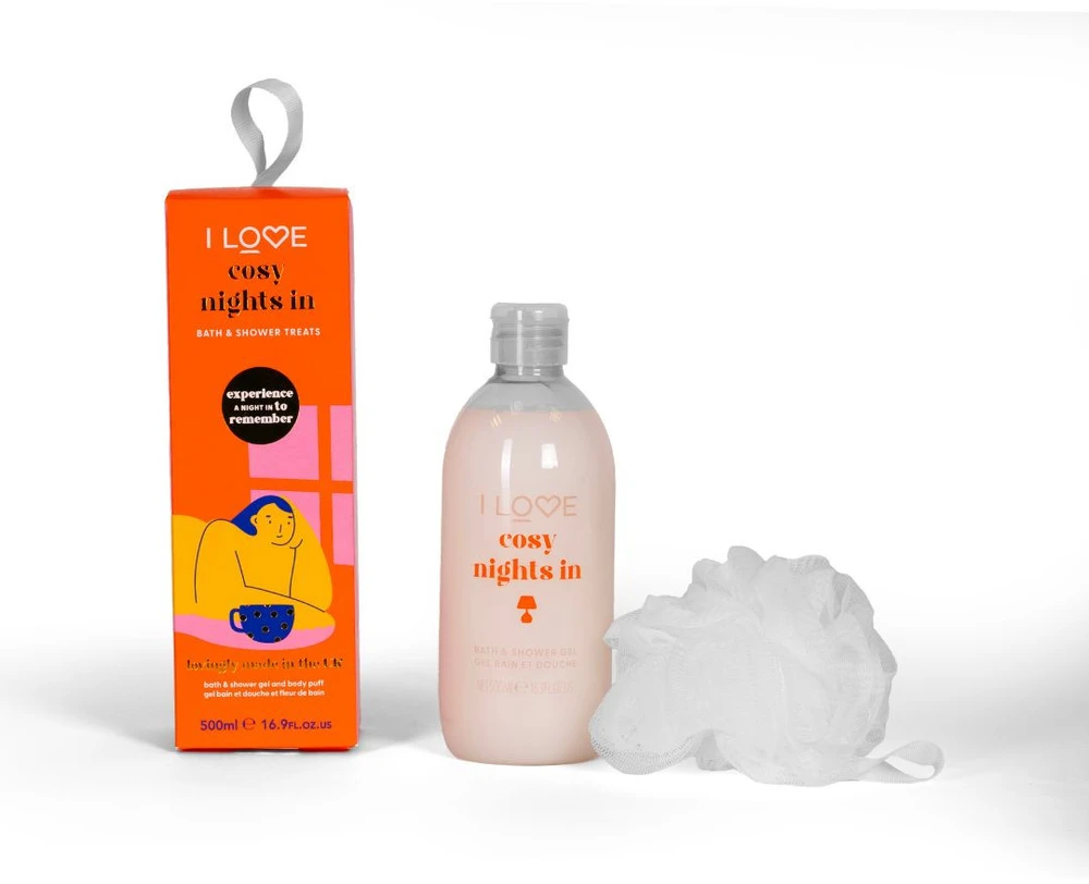 Rinkinys „I Love“: „Cosy Night's Hydrating Dušo želė visiems odos tipams“, 500 ml + „I Love“ kūno kempinėlė