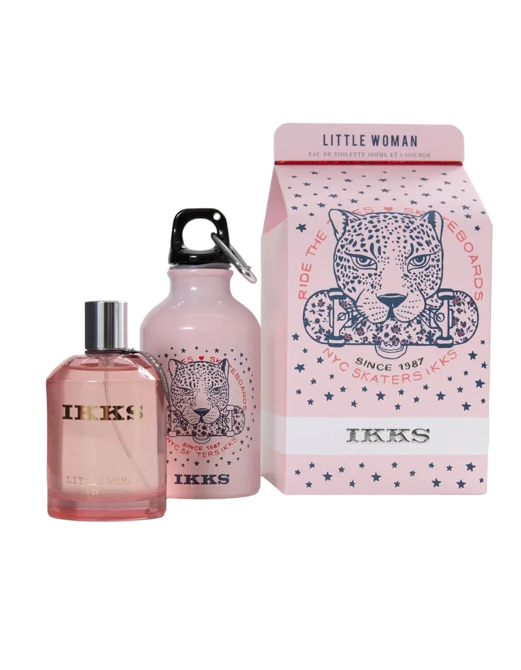 Ikks Rinkinys „Little Woman“: tualetinis vanduo moterims, 100 ml + „Little Woman GWP“ stiklinis vandens buteliukas Rožinė