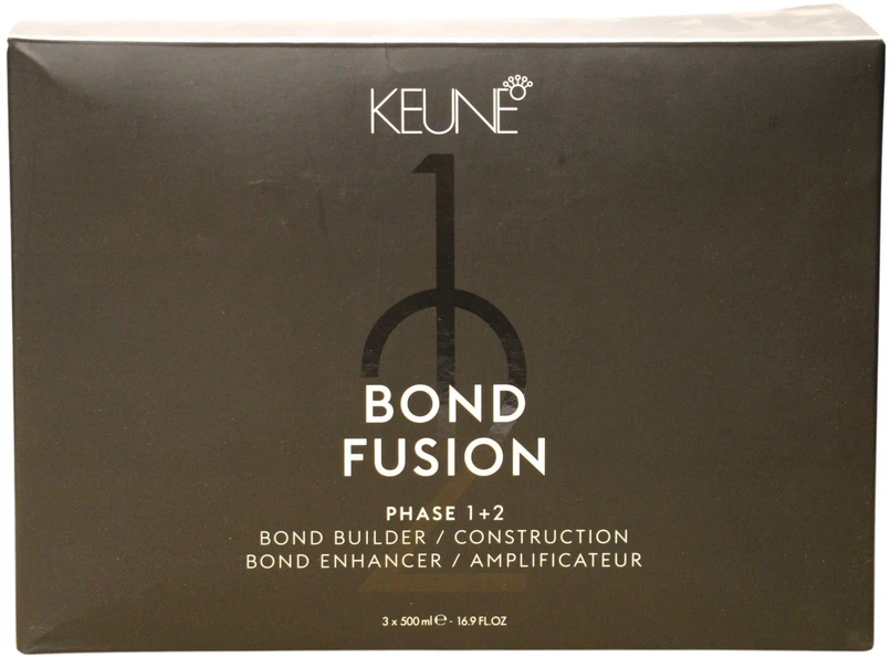 Rinkinys Keune: Bond Fusion Phase 1 plaukų priežiūros losjonas-kaukė Bond Repair, 500 ml + Bond Fusion Phase 2 plaukų priežiūros losjonas-kaukė Bond Enhancer, 500 ml + matavimo puodelis