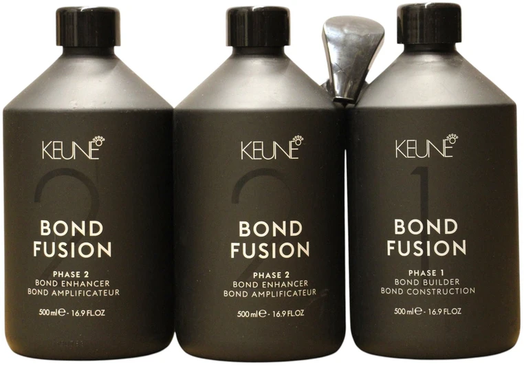 Rinkinys Keune: Bond Fusion Phase 1 plaukų priežiūros losjonas-kaukė Bond Repair, 500 ml + Bond Fusion Phase 2 plaukų priežiūros losjonas-kaukė Bond Enhancer, 500 ml + matavimo puodelis