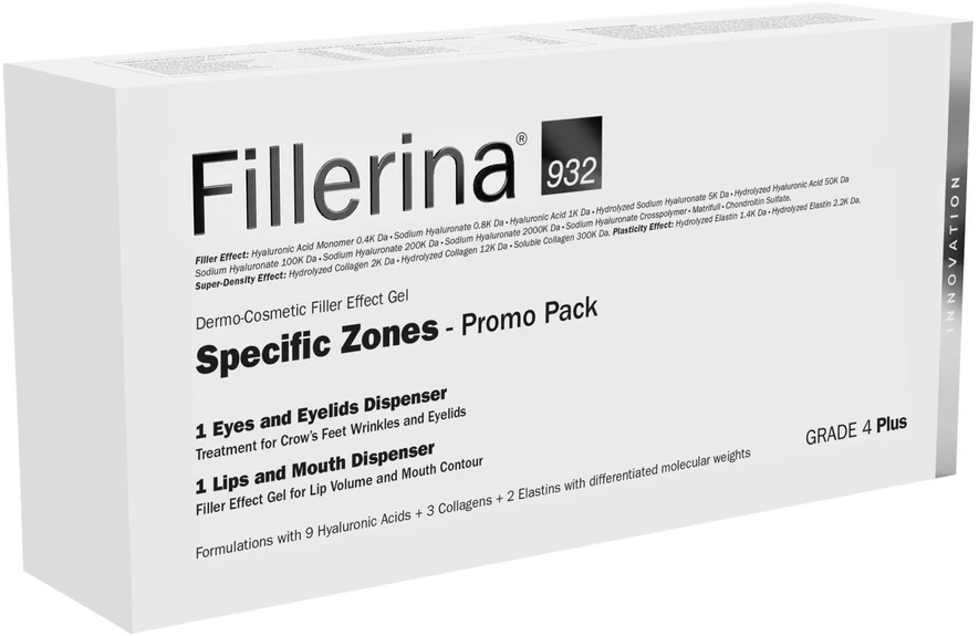 Set Labo: Fillerina 932 Specific Zones Grade 4 Plus Hyaluronic Acid Volumizing Local Treatment kremas lūpoms, 7 ml + Fillerina 932 Specific Zones Grade 4 Plus Anti-Wrinkle Day & Night Local Treatment kremas akims ir vokams, 15 ml