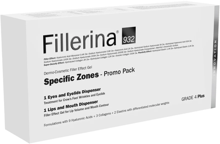 Set Labo: Fillerina 932 Specific Zones Grade 4 Plus Hyaluronic Acid Volumizing Local Treatment kremas lūpoms, 7 ml + Fillerina 932 Specific Zones Grade 4 Plus Anti-Wrinkle Day & Night Local Treatment kremas akims ir vokams, 15 ml
