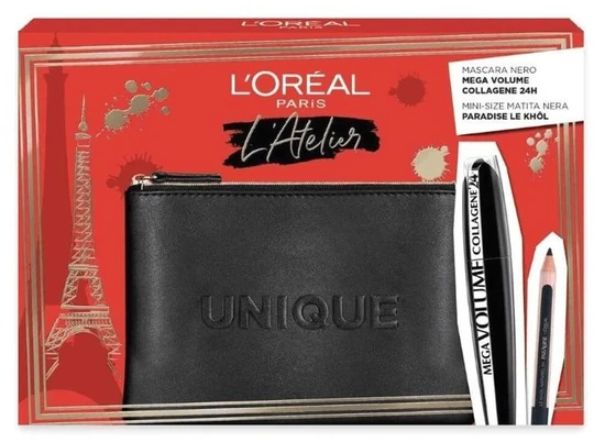 Set L'Oreal Paris: L'Oreal Paris Kajal Eye Pieštukas Juodas 1.5 g + Mega Volume Collagene 24h Atsparus vandeniui Blakstienų tušas Mega Juodas, 9 ml + Textile Makeup Bag Juodas