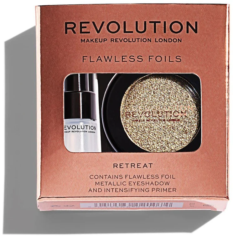 Rinkinys „Makeup Revolution“: „Flawless Foils“ veganiškų akių šešėlių pagrindas, 2 ml + „Flawless Foils“ veganiškų akių šešėlių paletė, 2 g