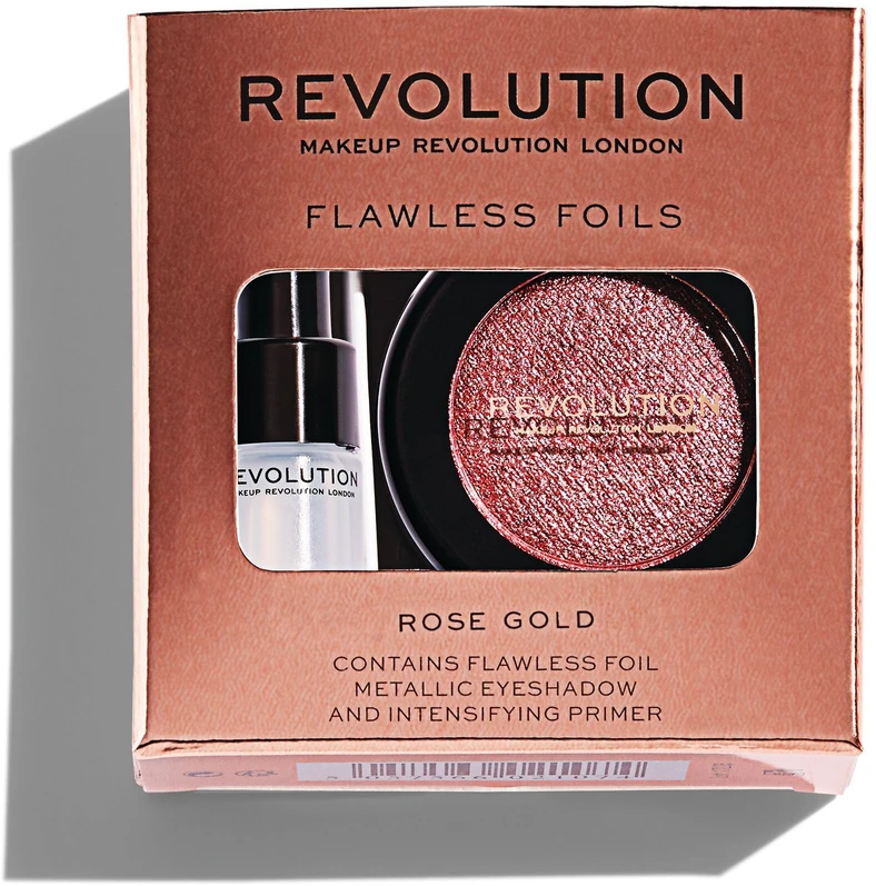 Rinkinys „Makeup Revolution“: „Flawless Foils“ veganiškų akių šešėlių pagrindas, 2 ml + „Flawless Foils“ veganiškų akių šešėlių paletė „Rose Gold“, 2 g