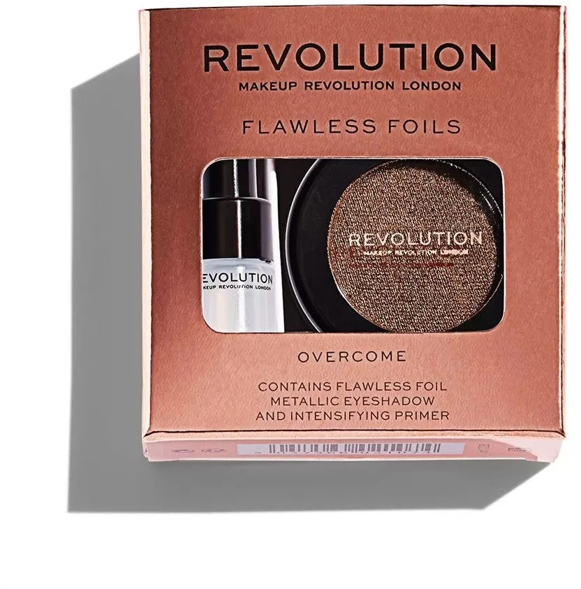 Rinkinys „Makeup Revolution“: „Flawless Foils“ veganiškų akių šešėlių pagrindas, 2 ml + „Flawless Foils“ veganiškų akių šešėlių paletė „Overcome“, 2 g