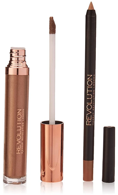 Rinkinys „Makeup Revolution“: „Retro Luxe Metallic“ skysti lūpų dažai „Sovereign“ 5,5 ml + „Retro Luxe“ lūpų pieštukas „Sovereign“, 1 g