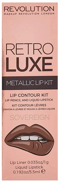 Rinkinys „Makeup Revolution“: „Retro Luxe Metallic“ skysti lūpų dažai „Sovereign“ 5,5 ml + „Retro Luxe“ lūpų pieštukas „Sovereign“, 1 g