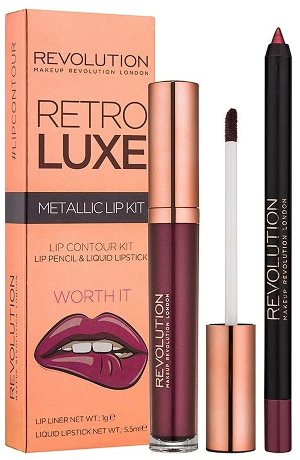 Rinkinys „Makeup Revolution“: „Retro Luxe Metallic“ skysti lūpų dažai „Worth It“ 5,5 ml + „Retro Luxe“ lūpų pieštukas „Worth It“, 1 g