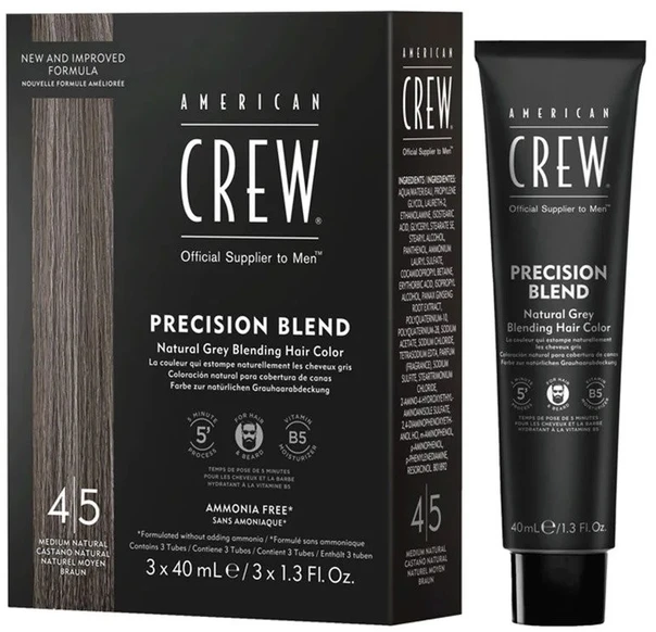 Rinkinys „Trio American Crew Precision Blend“ pusiau ilgalaikiai plaukų dažai, 4-5 natūralios spalvos, 3 vnt., 40 ml