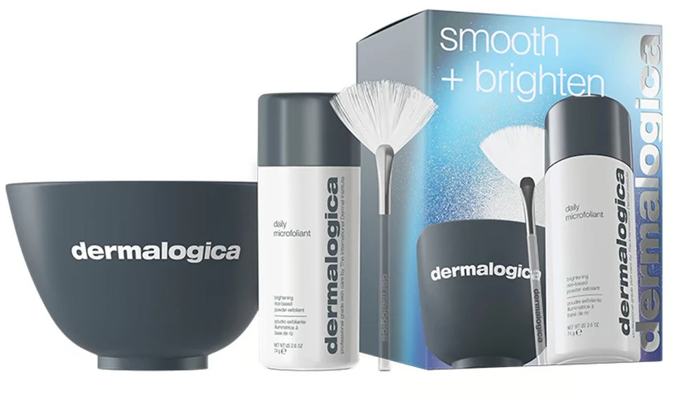 „Smooth + Brighten“ rinkinys „Dermalogica“: kasdienis mikrofoliantas, šveičiamoji pudra, 74 g + kaukė „Masque Fan“, daugiafunkcis veidas + dezinfekcinis