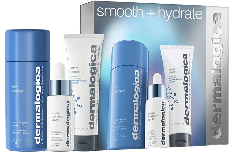 Smooth + Hydrate rinkinys Dermalogica: Daily Milkfoliant šveičiamieji milteliai, 74 g + Active Moist prebiotinis drėkinamasis kremas veidui, 50 ml + Circular Hydration hialurono rūgšties serumas veidui, 30 ml
