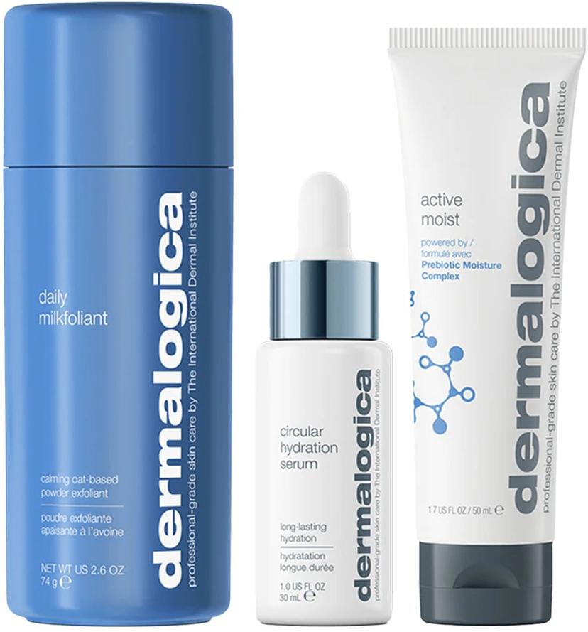 Smooth + Hydrate rinkinys Dermalogica: Daily Milkfoliant šveičiamieji milteliai, 74 g + Active Moist prebiotinis drėkinamasis kremas veidui, 50 ml + Circular Hydration hialurono rūgšties serumas veidui, 30 ml