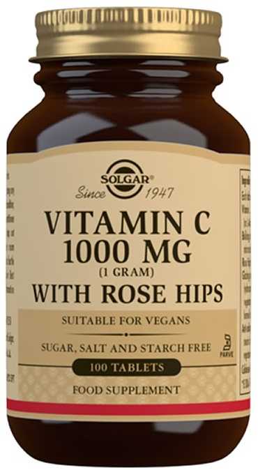Solgar Vitaminas C 1g 100 tablečių su erškėtuogėmis