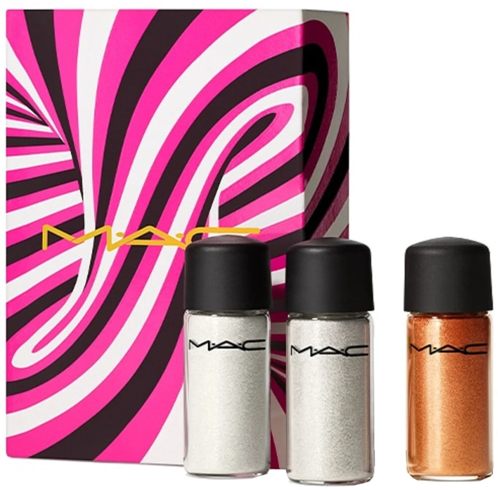 „Sprinkle Of Magic“ rinkinys MAC: mini birūs blizgučių akių šešėliai aukso spalvos 2,5 g + mini birūs blizgučių akių šešėliai raudonos spalvos 2,5 g + mini birūs blizgučių akių šešėliai bronzos spalvos 2,5 g