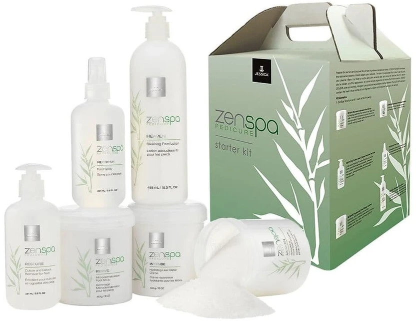 Starter Kit Set Jessica: ZenSpa Revive Vulkaninio pemzos pėdų šveitiklis, 435 g + ZenSpa Restore Alavijų odelių šalinimo gelis, 251 ml + ZenSpa Intense Vitamin E drėkinamasis pėdų kremas, 425 g + ZenSpa Awaken raminanti pėdų vonios druska, 453 g + ZenSpa R