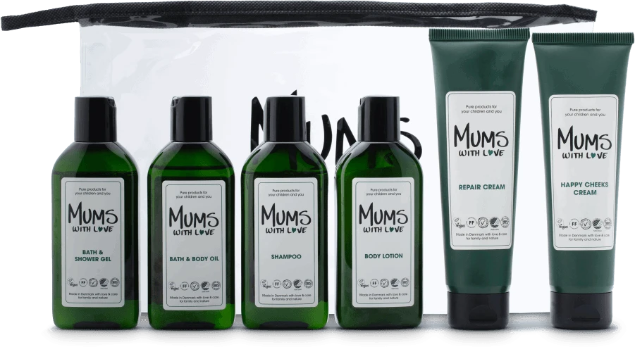 Starter Kit Set Mums With Love: Mums With Love Hydrating Losjonas kūnui, 100 ml + Mums With Love Hair Šampūnas For Cleansing, 100 ml + Mums With Love Dušo želė For All Skin Types, 100 ml + Mums With Love Cleansing Bath Oil, 100 ml + Happy Cheeks Repairing Cr