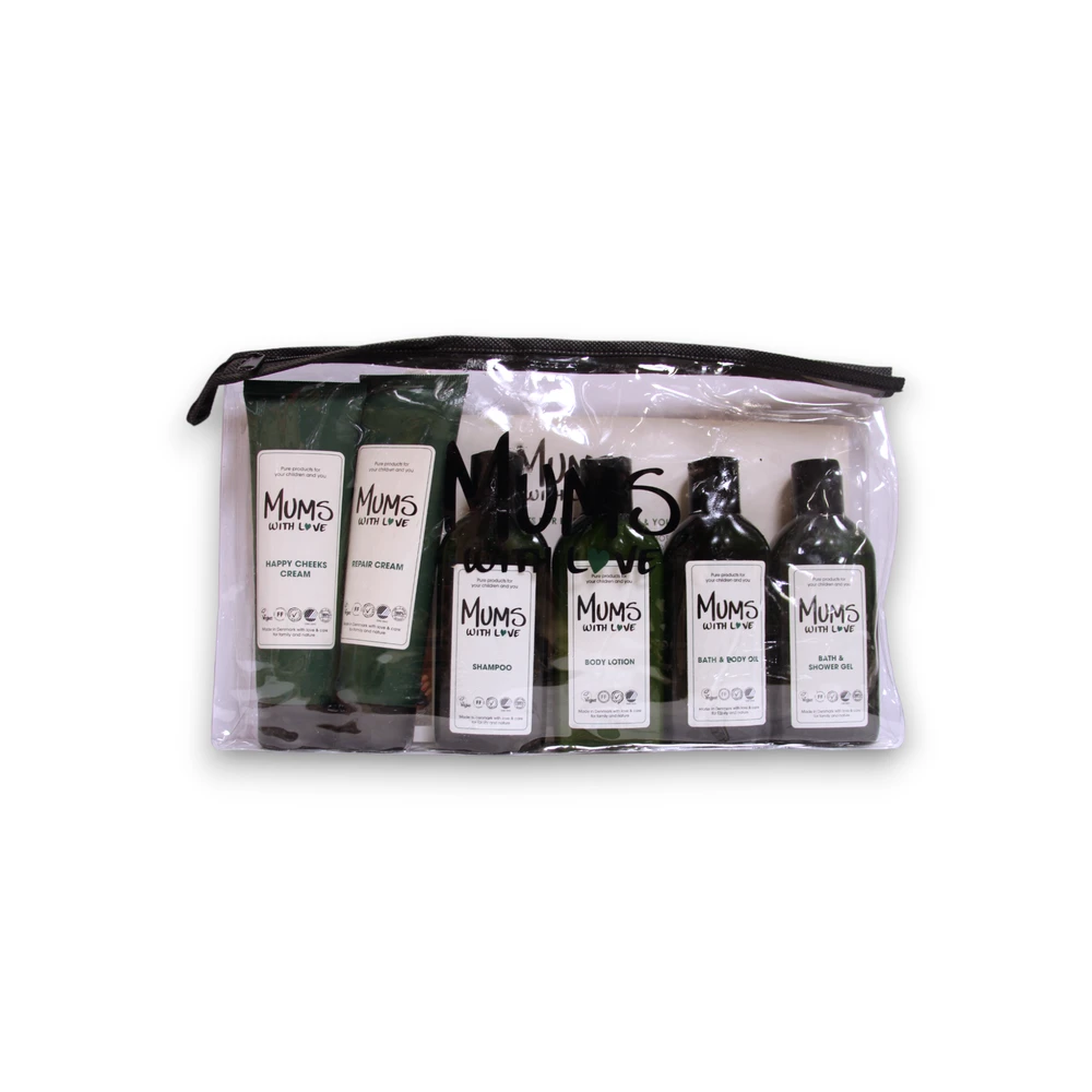 Starter Kit Set Mums With Love: Mums With Love Hydrating Losjonas kūnui, 100 ml + Mums With Love Hair Šampūnas For Cleansing, 100 ml + Mums With Love Dušo želė For All Skin Types, 100 ml + Mums With Love Cleansing Bath Oil, 100 ml + Happy Cheeks Repairing Cr