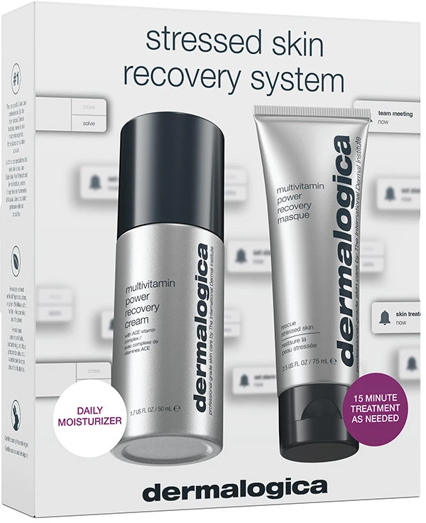 Streso paveiktos odos atkūrimo sistemos rinkinys „Dermalogica“: multivitaminų „Power Recovery“ kreminis veidui, 50 ml + multivitaminų „Power Recovery“ antistresinė kreminio kaukė veidui, 75 ml