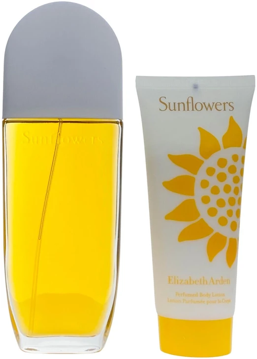 „Sunflowers“ rinkinys Elizabeth Arden: „Sunflowers“, kvepiantis, dienai ir nakčiai, losjonas kūnui, 100 ml + „Sunflowers“, tualetinis vanduo, moterims.