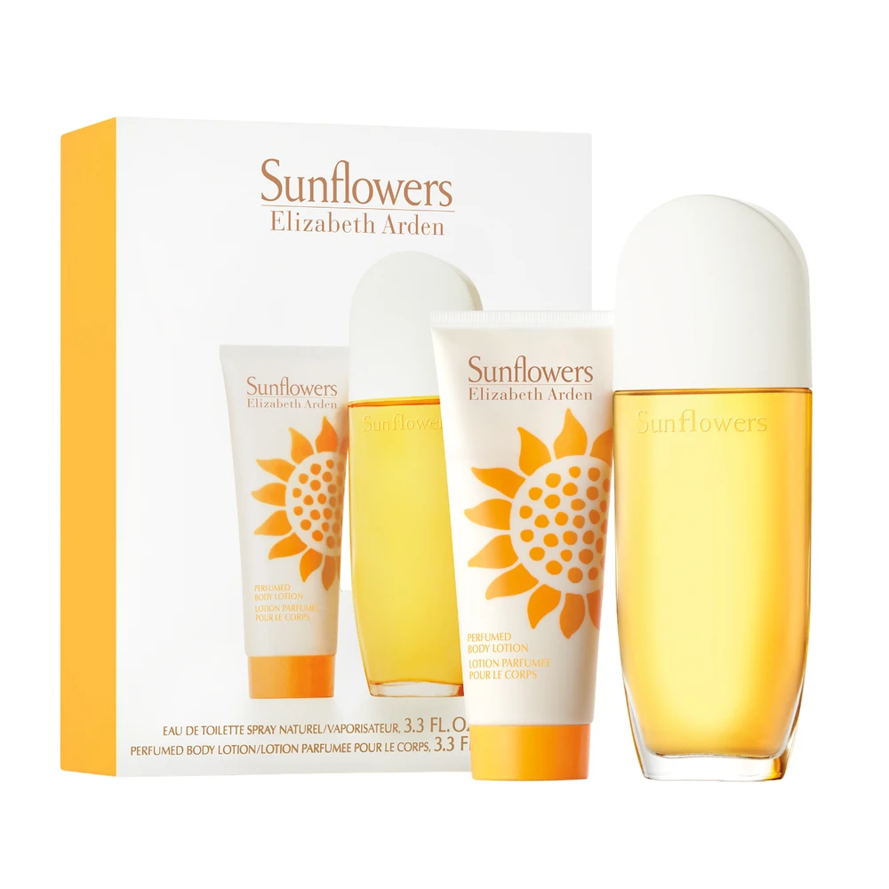 „Sunflowers“ rinkinys Elizabeth Arden: „Sunflowers“, kvepiantis, dienai ir nakčiai, losjonas kūnui, 100 ml + „Sunflowers“, tualetinis vanduo, moterims.