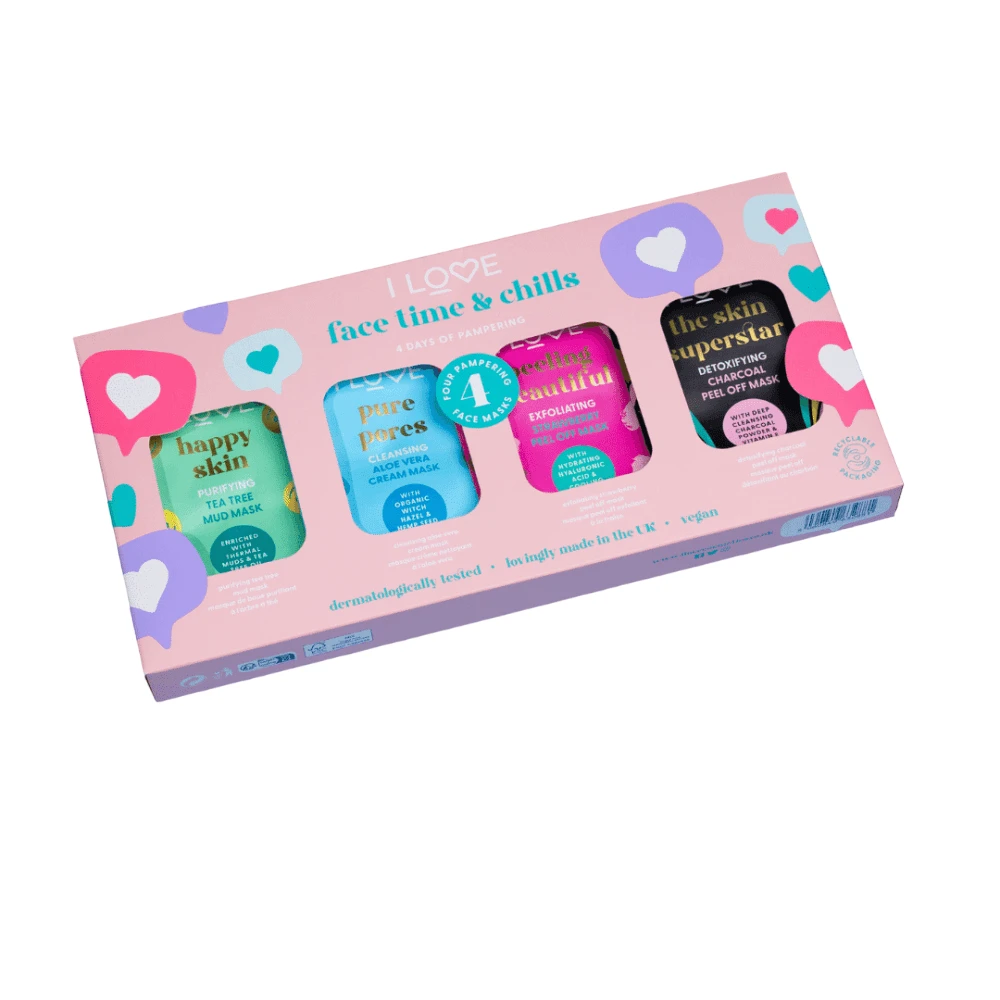 I Love „Time & Chill“ rinkinys, kurį dievinu: „Beautiful Peeling“ šveičiamoji lakštinė veido kaukė, 10 ml + „Skin Superstar“ detoksikuojanti lakštinė veido kaukė, 10 ml + „Happy Skin“ valomoji lakštinė veido kaukė, 10 ml + „Pure Pores“ valomoji lakštinė veido kaukė, 10 ml